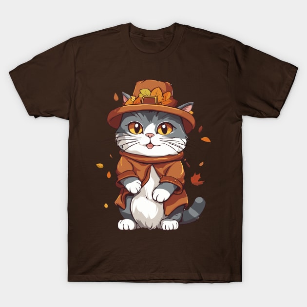 Thanksgiving Cat Pilgrim T-Shirt by Ray Crimson